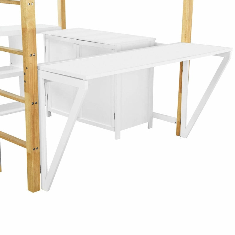 Wood Loft Bed With Built-in Storage Cabinet, Cubes, and Foldable Desk