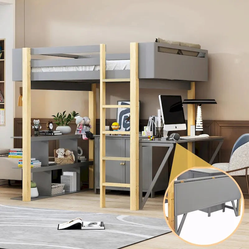 Wood Loft Bed With Built-in Storage Cabinet, Cubes, and Foldable Desk
