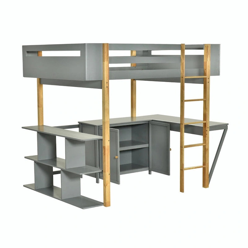 Wood Loft Bed With Built-in Storage Cabinet, Cubes, and Foldable Desk