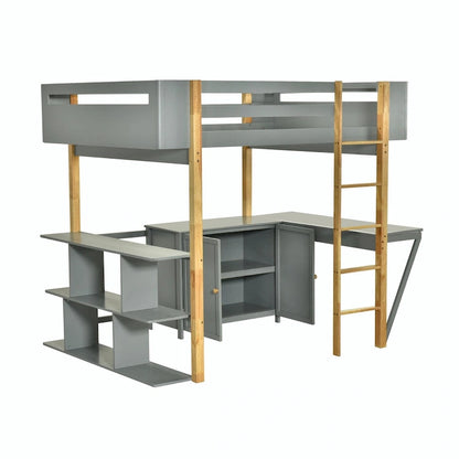 Wood Loft Bed With Built-in Storage Cabinet, Cubes, and Foldable Desk