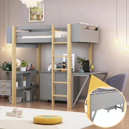 Wood Loft Bed With Built-in Storage Cabinet, Cubes, and Foldable Desk