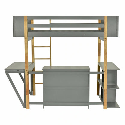 Wood Loft Bed With Built-in Storage Cabinet, Cubes, and Foldable Desk