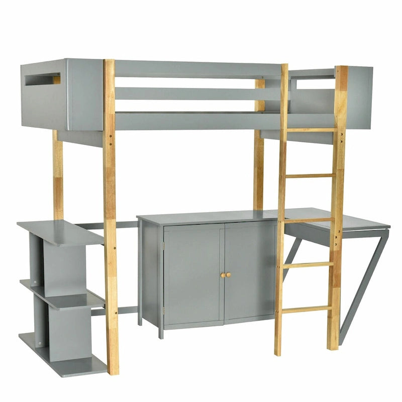 Wood Loft Bed With Built-in Storage Cabinet, Cubes, and Foldable Desk