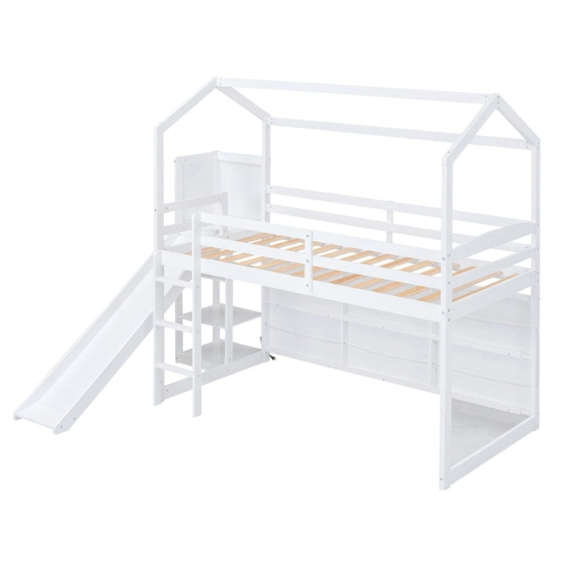 Twin Size Wood Loft Bed with Slide and Storage Shelves