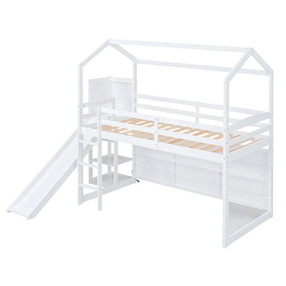 Twin Size Wood Loft Bed with Slide and Storage Shelves