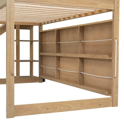 Twin Size Wood Loft Bed with Slide and Storage Shelves