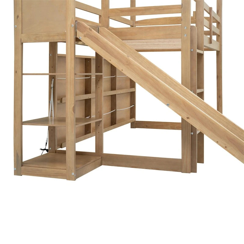 Twin Size Wood Loft Bed with Slide and Storage Shelves