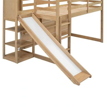 Twin Size Wood Loft Bed with Slide and Storage Shelves