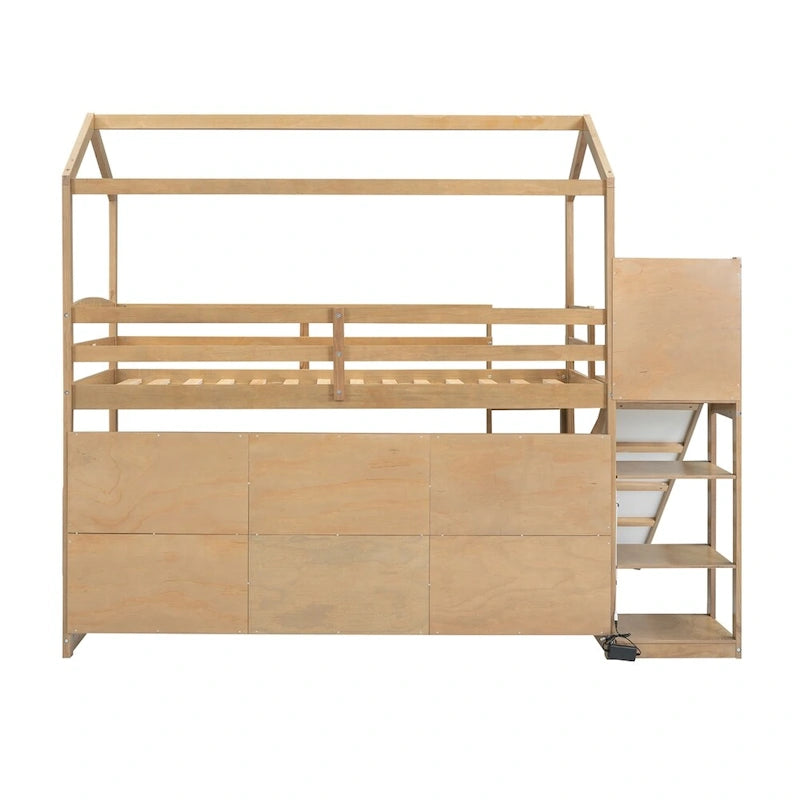 Twin Size Wood Loft Bed with Slide and Storage Shelves