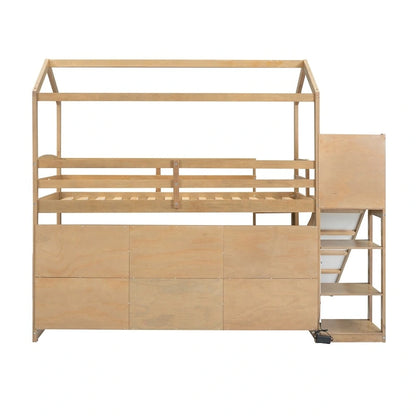 Twin Size Wood Loft Bed with Slide and Storage Shelves