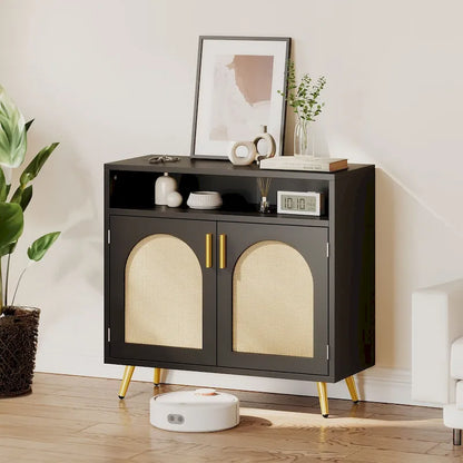 Moasis Rattan 2-Door Buffet Sideboard Cabinet with Adjustable Shelves for Kitchen Hallway