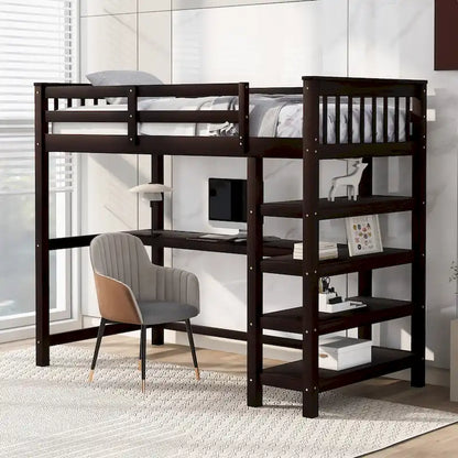 Pine Loft Bed with Storage Shelves