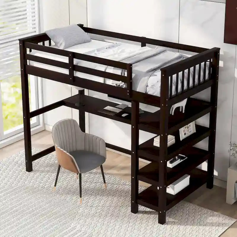 Pine Loft Bed with Storage Shelves