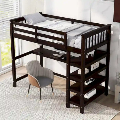 Pine Loft Bed with Storage Shelves