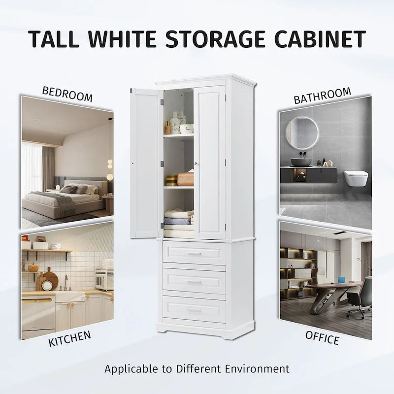 Tall Storage Cabinet with Three Drawers for Bathroom/Office, White