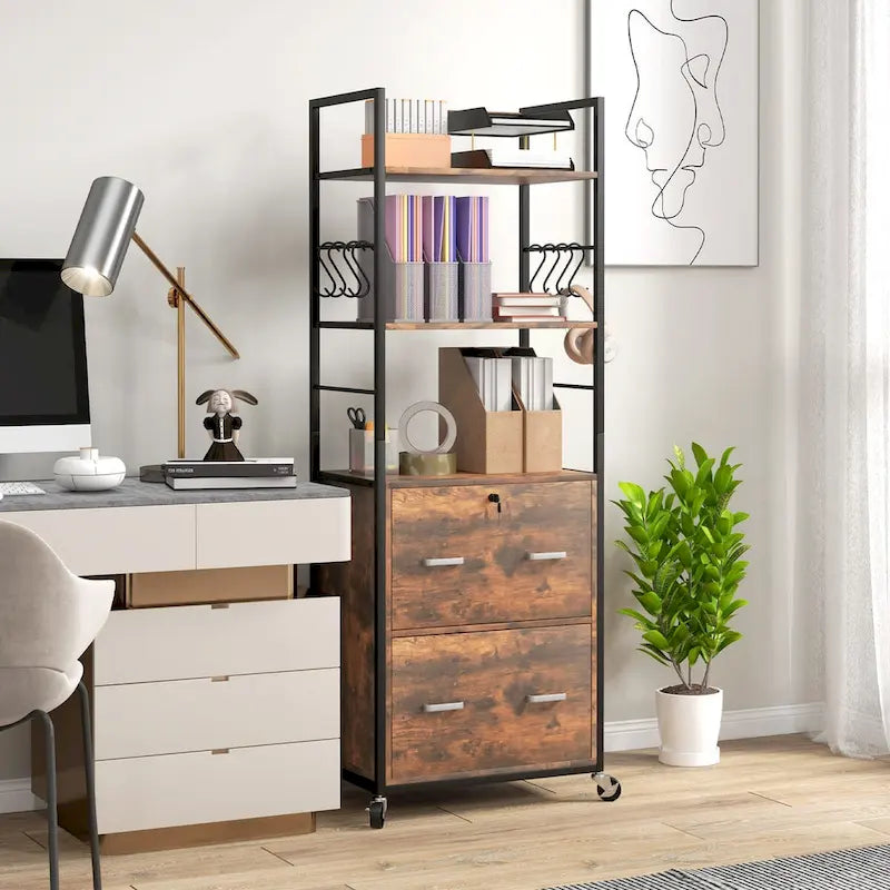 2 Drawer Mobile File Cabinet with Lock & Hanging Bar, Rustic Brown