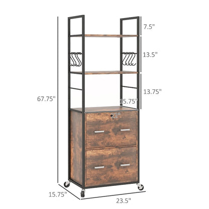 2 Drawer Mobile File Cabinet with Lock & Hanging Bar, Rustic Brown