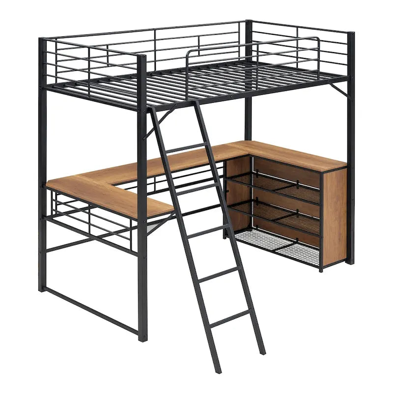 Black Metal Loft Bed with L-shaped Desk and 3 Layers of Shelves, Reversible Ladder