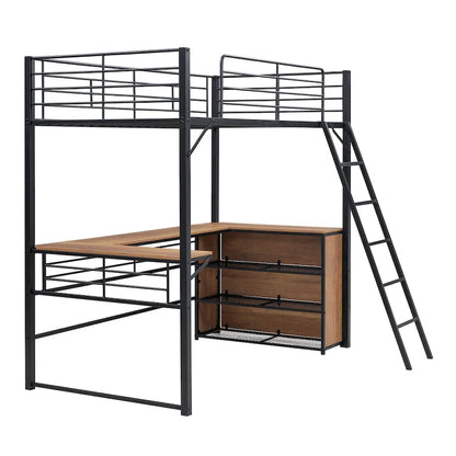 Black Metal Loft Bed with L-shaped Desk and 3 Layers of Shelves, Reversible Ladder