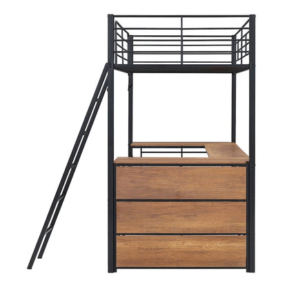 Black Metal Loft Bed with L-shaped Desk and 3 Layers of Shelves, Reversible Ladder