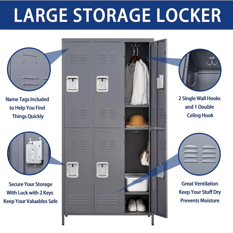 6 Door 72H Metal Lockers With Lock for Employees,Storage Locker Cabinet for Home Gym Office School Garage,Gray