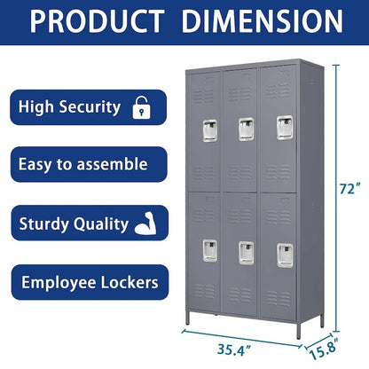 6 Door 72H Metal Lockers With Lock for Employees,Storage Locker Cabinet for Home Gym Office School Garage,Gray