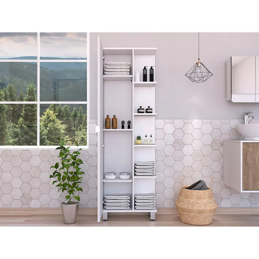 Corner Cabinet Womppi, Five Open Shelves, Single Door, White Finish,High quality and durable