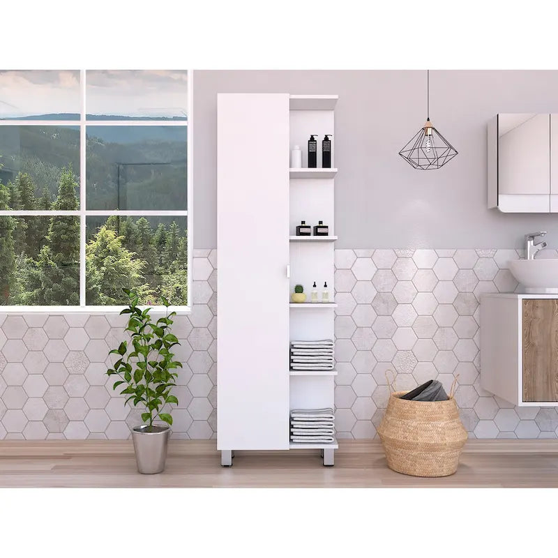 Corner Cabinet Womppi, Five Open Shelves, Single Door, White Finish,High quality and durable