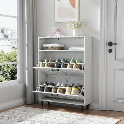 Shoe Storage Cabinet with Barn Door Design,Shoe Organizer with 2 Flip Drawers,Freestanding Shoe Rack Cabinet with Open Storage