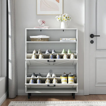 Shoe Storage Cabinet with Barn Door Design,Shoe Organizer with 2 Flip Drawers,Freestanding Shoe Rack Cabinet with Open Storage