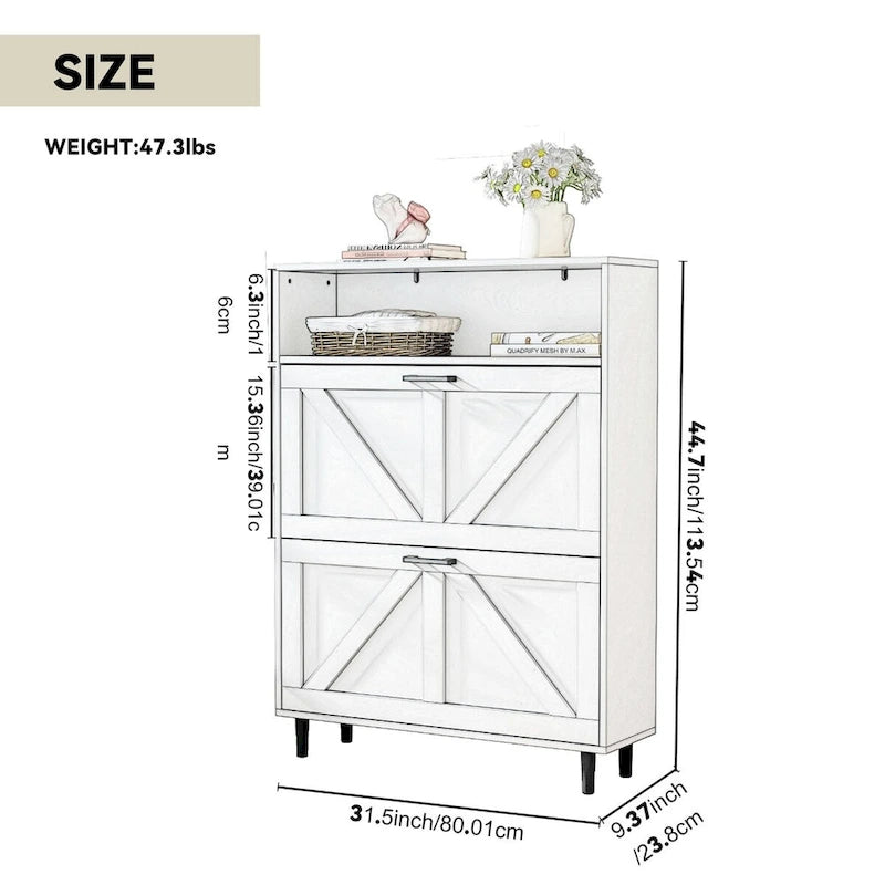 Shoe Storage Cabinet with Barn Door Design,Shoe Organizer with 2 Flip Drawers,Freestanding Shoe Rack Cabinet with Open Storage