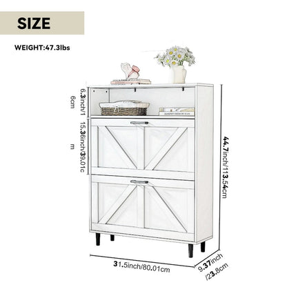 Shoe Storage Cabinet with Barn Door Design,Shoe Organizer with 2 Flip Drawers,Freestanding Shoe Rack Cabinet with Open Storage