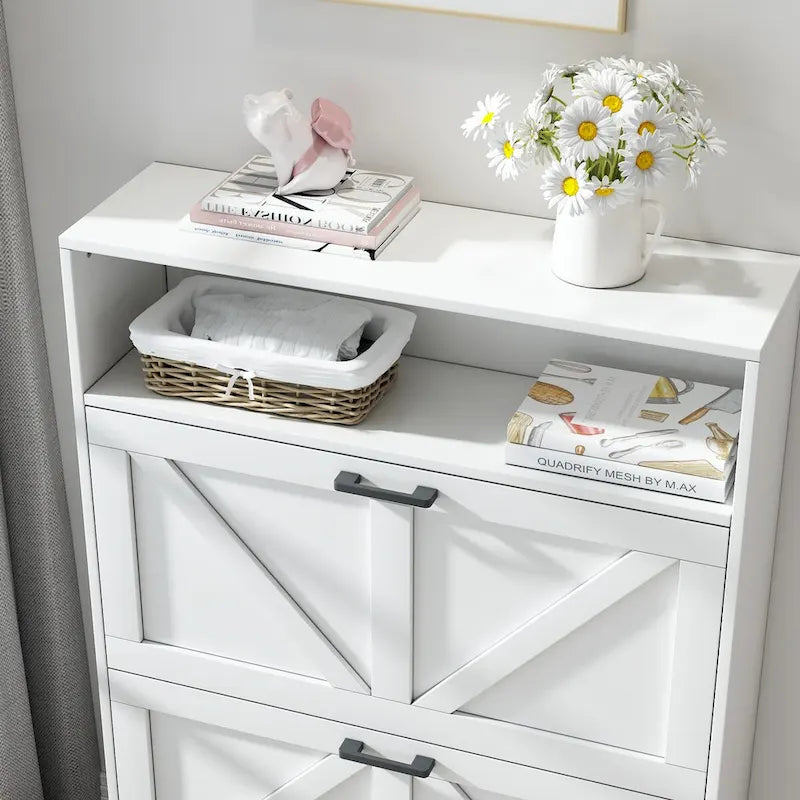 Shoe Storage Cabinet with Barn Door Design,Shoe Organizer with 2 Flip Drawers,Freestanding Shoe Rack Cabinet with Open Storage
