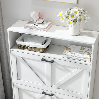 Shoe Storage Cabinet with Barn Door Design,Shoe Organizer with 2 Flip Drawers,Freestanding Shoe Rack Cabinet with Open Storage
