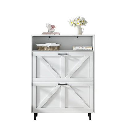 Shoe Storage Cabinet with Barn Door Design,Shoe Organizer with 2 Flip Drawers,Freestanding Shoe Rack Cabinet with Open Storage