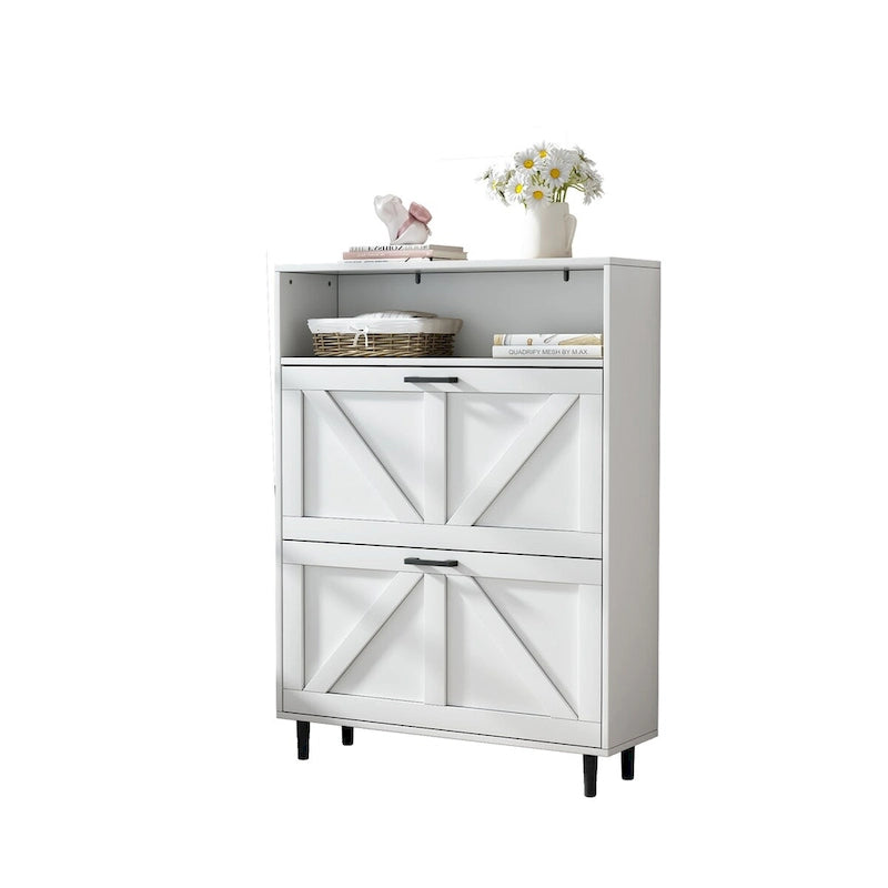 Shoe Storage Cabinet with Barn Door Design,Shoe Organizer with 2 Flip Drawers,Freestanding Shoe Rack Cabinet with Open Storage