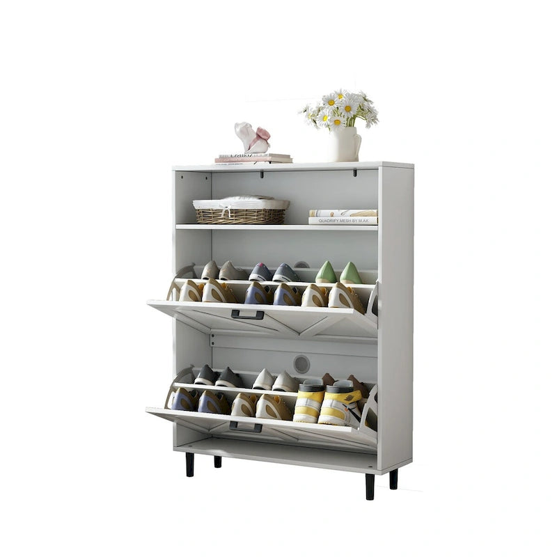 Shoe Storage Cabinet with Barn Door Design,Shoe Organizer with 2 Flip Drawers,Freestanding Shoe Rack Cabinet with Open Storage