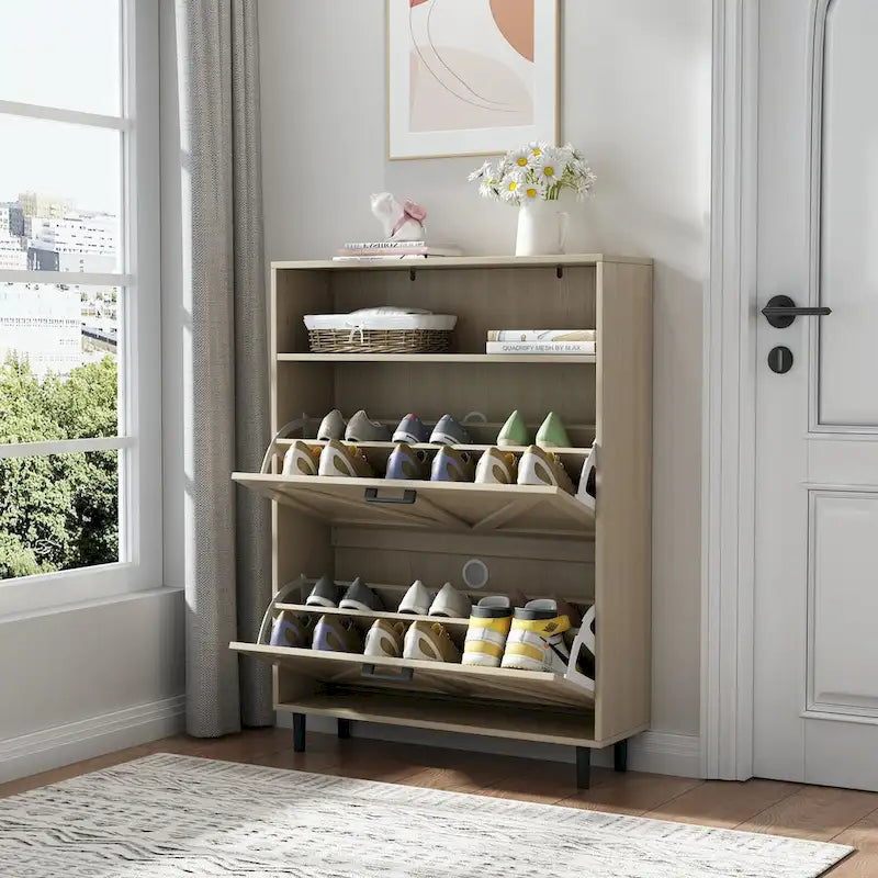 Shoe Storage Cabinet with Barn Door Design,Shoe Organizer with 2 Flip Drawers,Freestanding Shoe Rack Cabinet with Open Storage