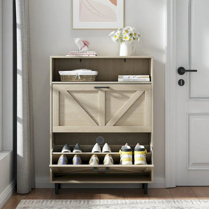 Shoe Storage Cabinet with Barn Door Design,Shoe Organizer with 2 Flip Drawers,Freestanding Shoe Rack Cabinet with Open Storage