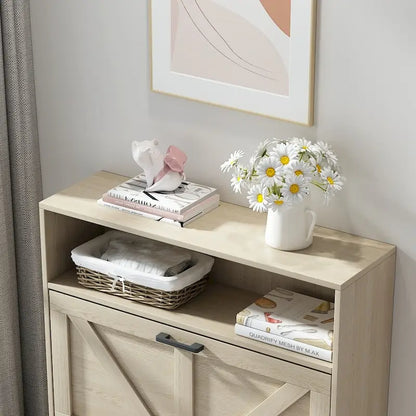 Shoe Storage Cabinet with Barn Door Design,Shoe Organizer with 2 Flip Drawers,Freestanding Shoe Rack Cabinet with Open Storage