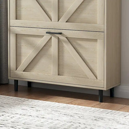 Shoe Storage Cabinet with Barn Door Design,Shoe Organizer with 2 Flip Drawers,Freestanding Shoe Rack Cabinet with Open Storage
